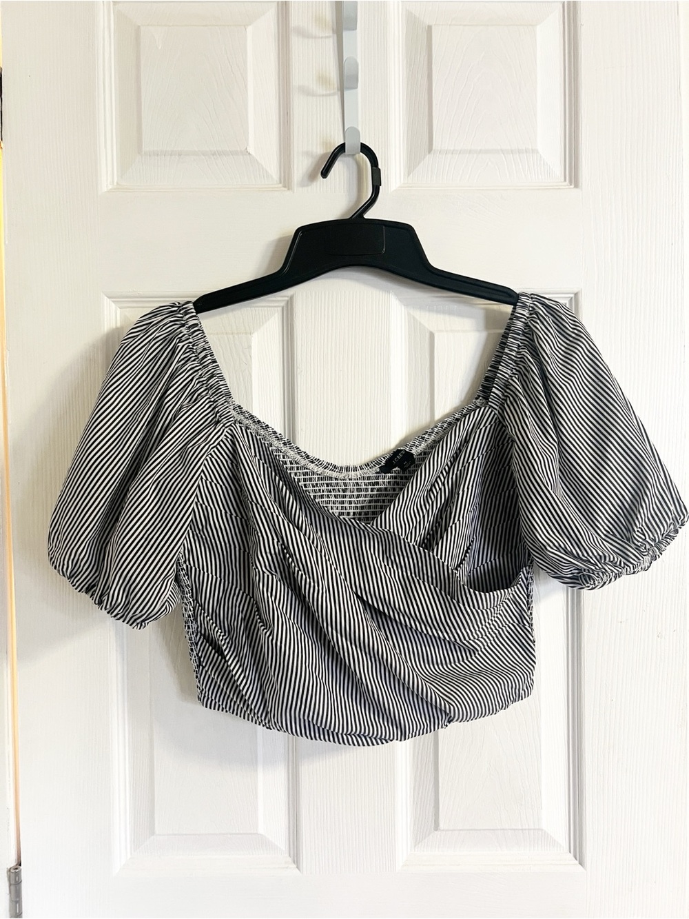 J. Crew Black and White Striped Puff Sleeve Crop Top